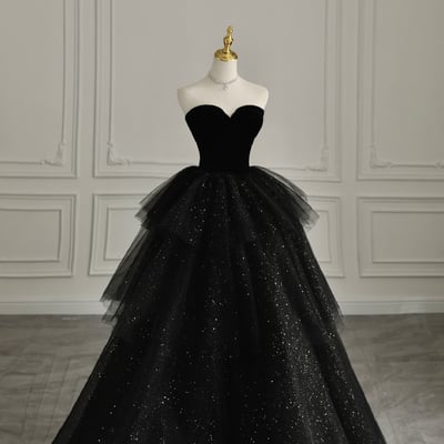Black velvet tulle long prom dress, black strapless evening dress - Thumbnail 1