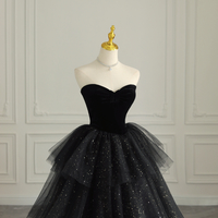 Black Velvet Tulle Long Prom Dress, Black Strapless Evening Dress - Thumbnail 1
