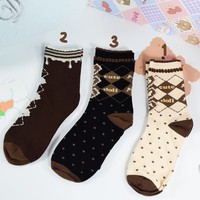 Chocolate Sweet Cute Doll Brown Lace Polka Dot Socks Set - Thumbnail 1