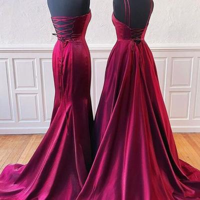 Simple burgundy satin v neck long prom dresses 