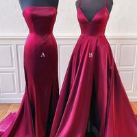 Simple Burgundy Satin V Neck Long Prom Dresses  - Thumbnail 1