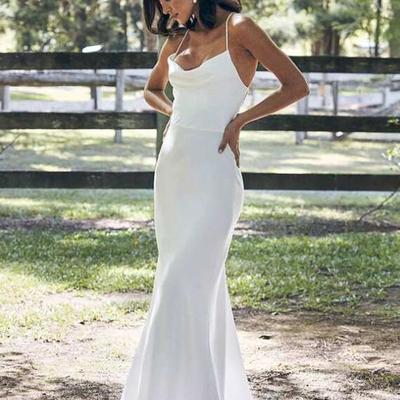 Spaghetti straps cowl neck soft satin wedding dresses - Thumbnail 2