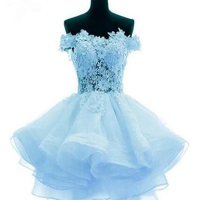 Light blue organza lace short prom dress with flower  - Thumbnail 2