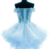 Light Blue Organza Lace Short Prom Dress with Flower  - Thumbnail 1