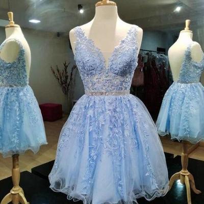 Light blue backless lace homecoming dresses - Thumbnail 1