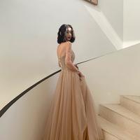 A Line Light Champagne Tulle Long Formal Prom Dress With Sequins  - Thumbnail 1