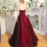 A Line Dark Red and Black Tulle Beaded Long Formal Dresses - Thumbnail 1