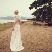 Unique Lace Short Sleeve Wedding Dress Bridal Gowns - Thumbnail 1