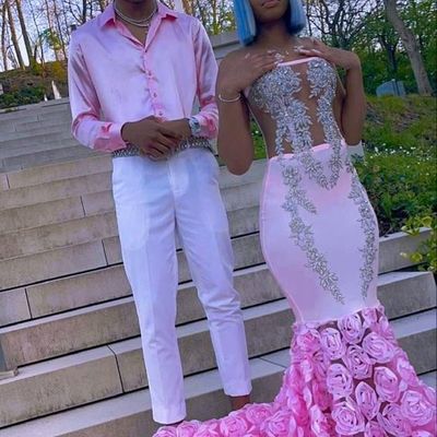 Pink mermaid prom dresses lace appliques 3d handmade flower evening party formal gowns