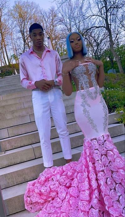 Pink Mermaid Prom Dresses Lace Appliques 3D Handmade Flower Evening Party Formal Gowns