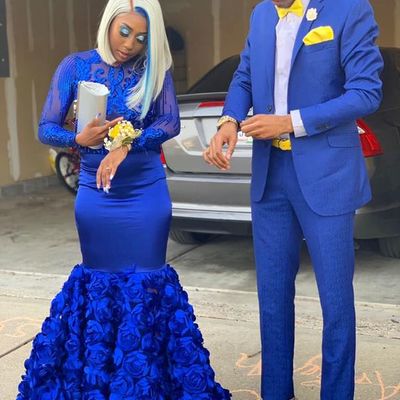 Royal blue mermaid prom dresses lace appliques 3d handmade flower long sleeve evening party formal gowns