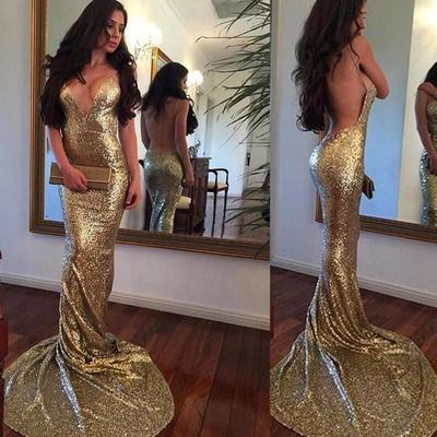 Spaghetti straps mermaid gold sequin evening dresses  - Thumbnail 1