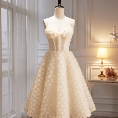 Champagne tulle short prom dress, lovely spaghetti strap homecoming dress - Thumbnail 1
