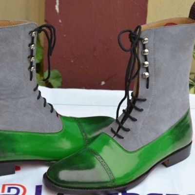 New handmade green leather and gray suede dress boot, men ankle high boot - Thumbnail 5