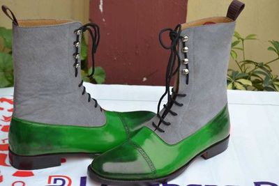 New Handmade Green Leather and Gray Suede Dress Boot, Men Ankle High Boot