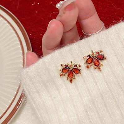 Maple Leaf Cystal Diamond Stud Earrings