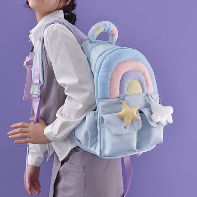 Rainbow pastel colorful blue purple star cloud cute y2k women large capacity school bag backpack