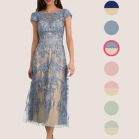 Blue Lace Tea-length Mother of Bride Dress Evening Dress - Thumbnail 1