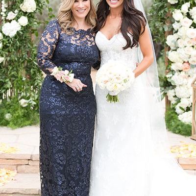 Navy blue mermaid 3/4 long sleeve lace mother of bride and groom dress evening dress