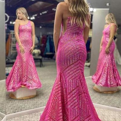 One shoulder hot pink sequin long prom dress - Thumbnail 2