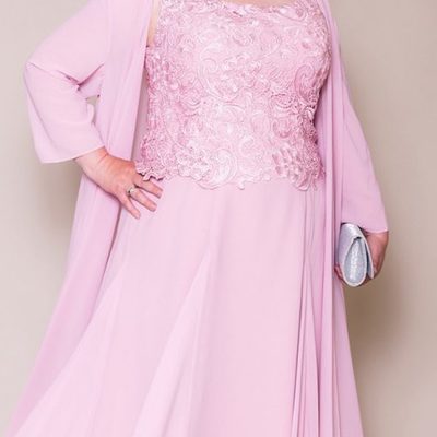 Plus size pink lace bodice with jacket chiffon mother of bride dress evening dress