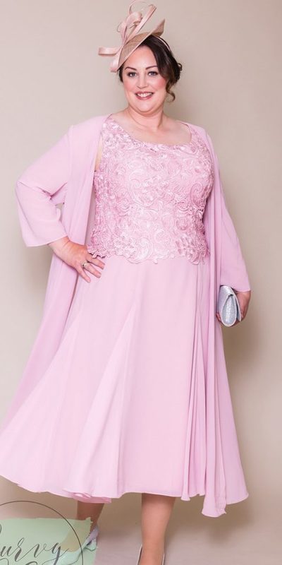 Plus Size Pink Lace Bodice with Jacket Chiffon Mother of Bride Dress Evening Dress