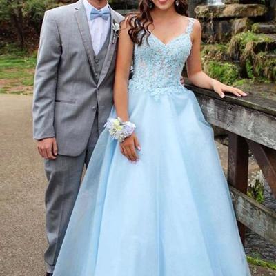 Princess a line light blue lace tulle prom dresses - Thumbnail 3