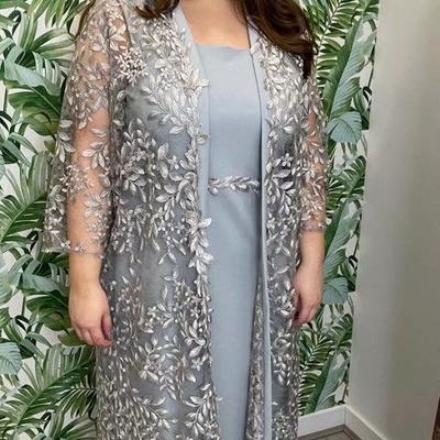 Plus size grey lace mother of bride dress evening dress