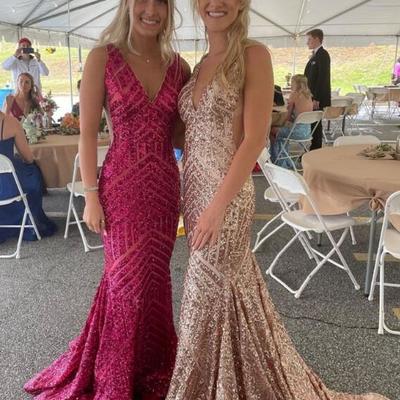 Mermaid v-neck long sequin evening party dress - Thumbnail 1