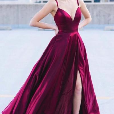 A line burgundy satin v-neck long evening dresses 