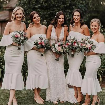 Off the shoulder tea length chiffon bridesmaid dresses