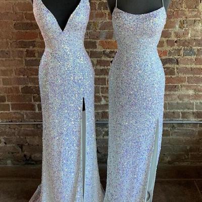 Spaghetti straps white sequin long prom dresses with side slit - Thumbnail 2