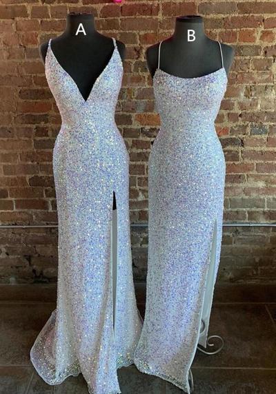 Spaghetti straps white sequin long prom dresses with side slit