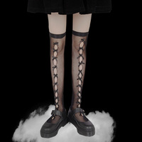 Hollow Lace Bow Girl Black & White Mid Calf Socks - Thumbnail 2