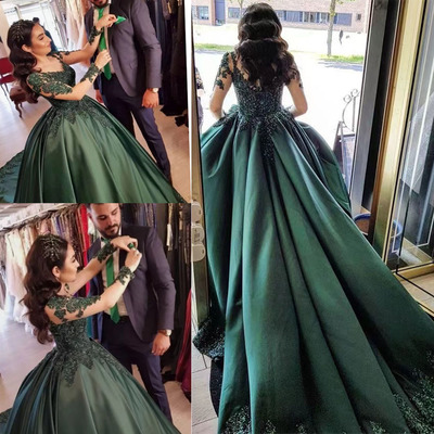 Olive green prom dresses princess gown with full sleeves - Thumbnail 3