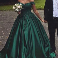 Off Shoulder Dark Green Prom Dresses with Lace Appliques - Thumbnail 2