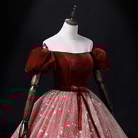 Burgundy Velvet Tulle Long Formal Dress, A-Line Short Sleeve Evening Dress - Thumbnail 1