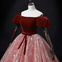 Burgundy Velvet Tulle Long Formal Dress, A-Line Short Sleeve Evening Dress - Thumbnail 3