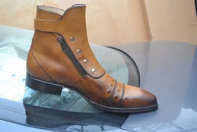 Jo Ghost Italian Mens Brown Leather Buckle Strap Ankle High Boot With Side Zipper and Button