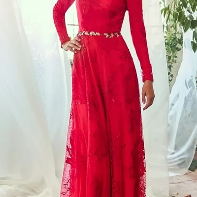 Red eleghant long sleeve lace mother of bride dress evening dress