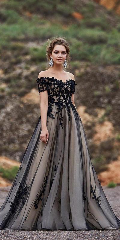 Black and Grey Off the Shoulder Wedding DressLace Wedding Bridal Gowns