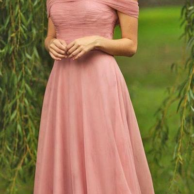 Blush pink off the shoulder chiffon mother of bride dress evening dress