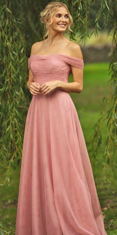 Blush Pink Off the Shoulder Chiffon Mother of Bride Dress Evening Dress