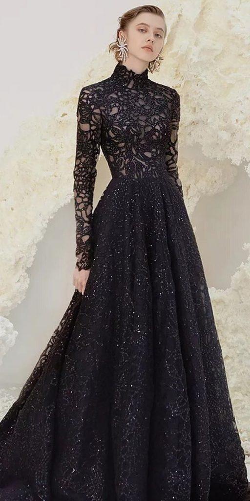 Black High Neck Long Sleeve Lace Wedding Dress Side Slit Wedding Bridal Gowns