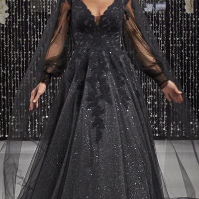 Black lace applqiues sequins lace long sleeve wedding dress wedding bridal gowns