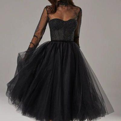 Black tea-length long sleeve sequins wedding dress wedding bridal gowns