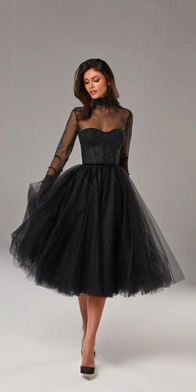 Black Tea-length Long Sleeve Sequins Wedding Dress Wedding Bridal Gowns