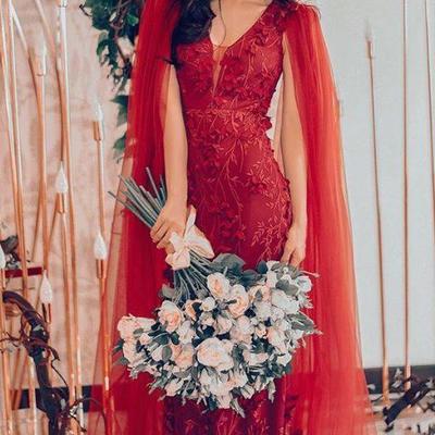 Luxury red sheath lace applqieus with shawl wedding dress wedding bridal gowns