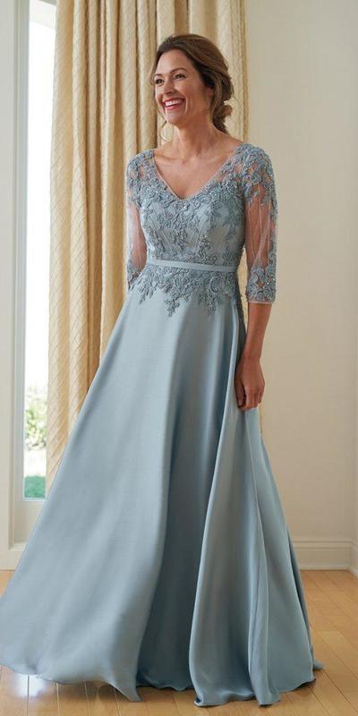 Eleghant Blue Sheath 3/4 Long Sleeve Lace Mother of Bride and Groom Dress Evening Dress