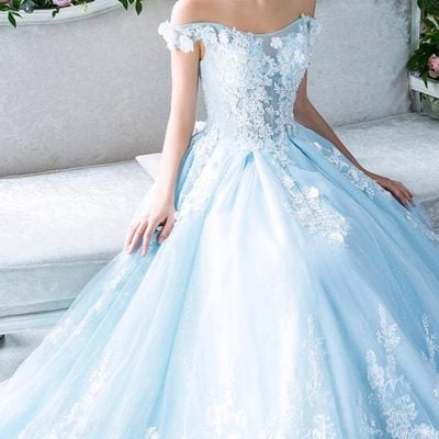 Modest blue princess appliques lace wedding dress wedding bridal gowns